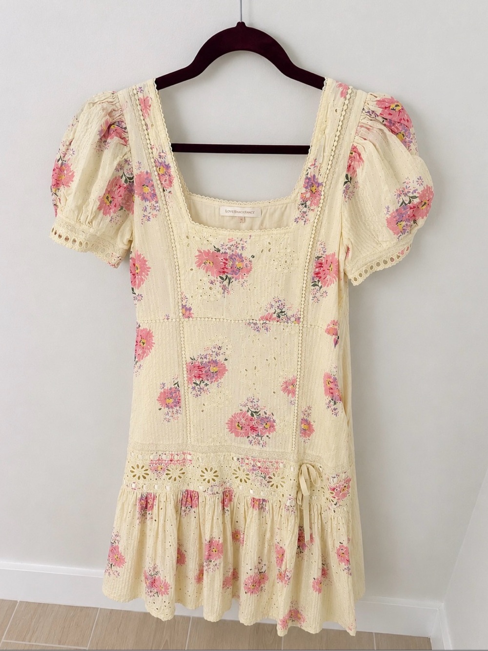 LoveShackFancy Cream Floral Eyelet Mini Dress with Pink Bouquet Print